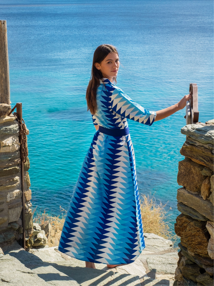 The Eloise Dress | Ocean Blockprint Bagru Triangle