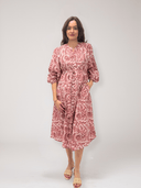 Ex Voto Dress Greta Midi Dress in Pink Bird Blockprint