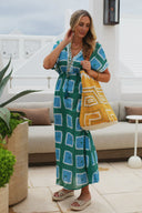 Ex Voto Dress Kate Maxi Caftan with Embroidery in Blue/Green Tie Dye