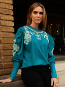 Ex Voto Sweater Ruthie Embroidered Sweatshirt in Teal