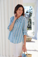 Ex Voto Top Sage Button Front Shirt in Clear Sky & Daphne Blue Stripe