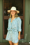 Ex Voto Top Sage Button Front Shirt in Clear Sky & Daphne Blue Stripe