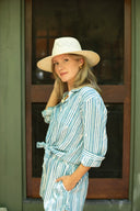 Ex Voto Top Sage Button Front Shirt in Clear Sky & Daphne Blue Stripe