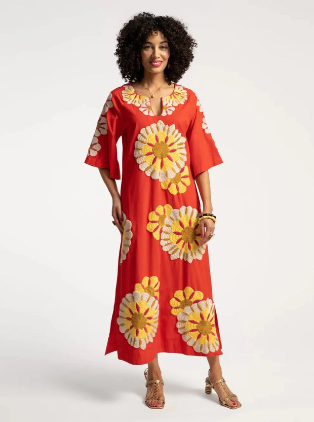 Frances Valentine Dress Frances Valentine | Delightful Sunrise Caftan in Coral Multi Embroidery