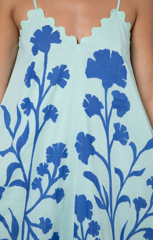 Juliet Dunn Dress Aqua / Blue Midi Dress w/ Majorelle Print and Trim