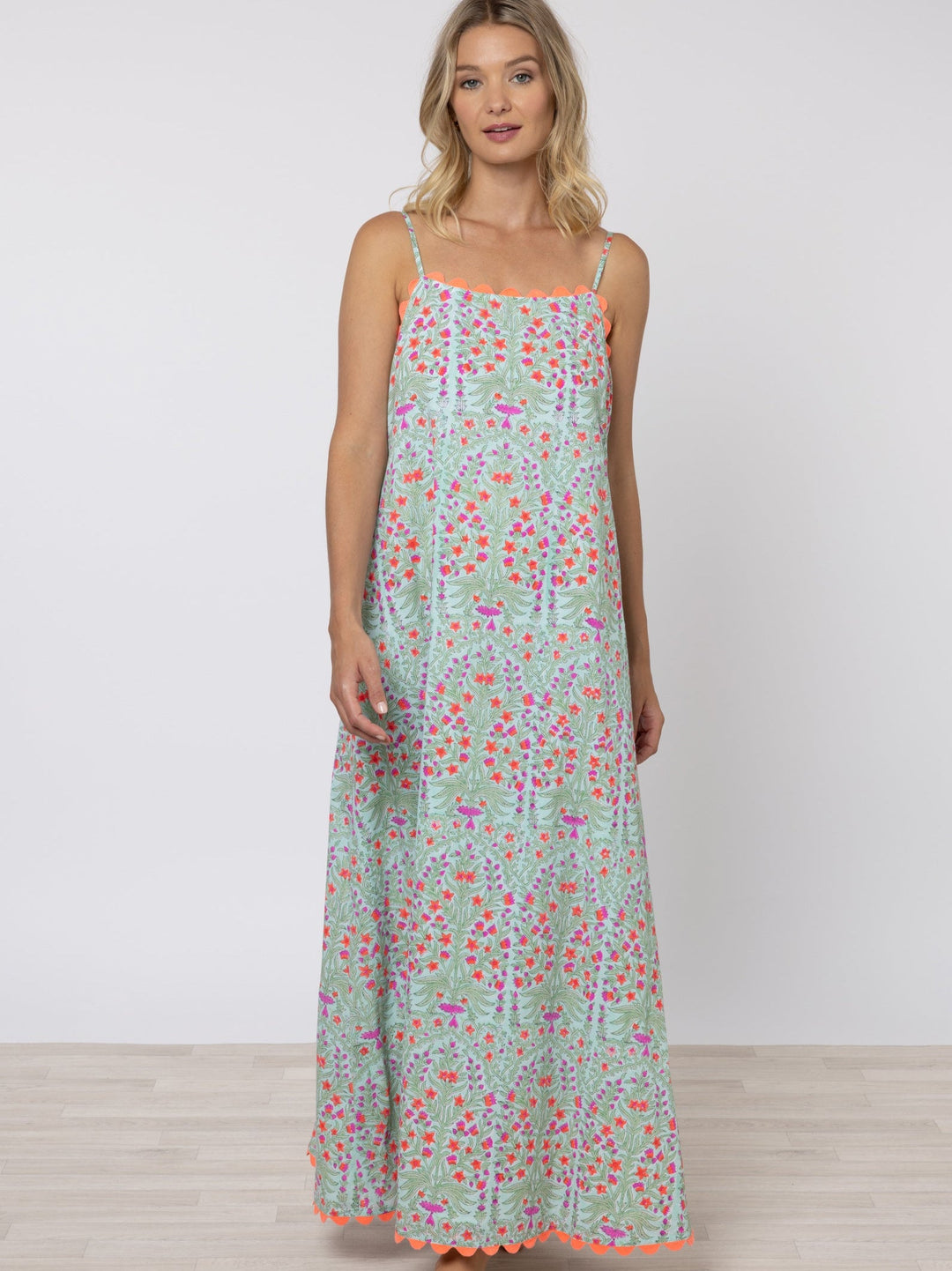Juliet Dunn Dress Aqua & Neon Red Square Neck Maxi Dress