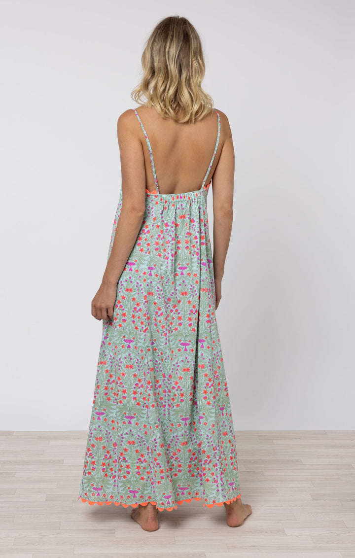 Juliet Dunn Dress Aqua & Neon Red Square Neck Maxi Dress