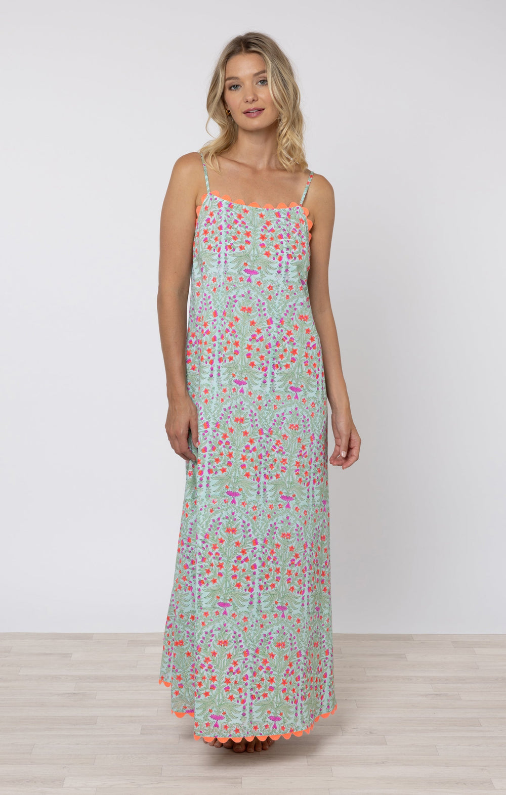 Juliet Dunn Dress Aqua & Neon Red Square Neck Maxi Dress