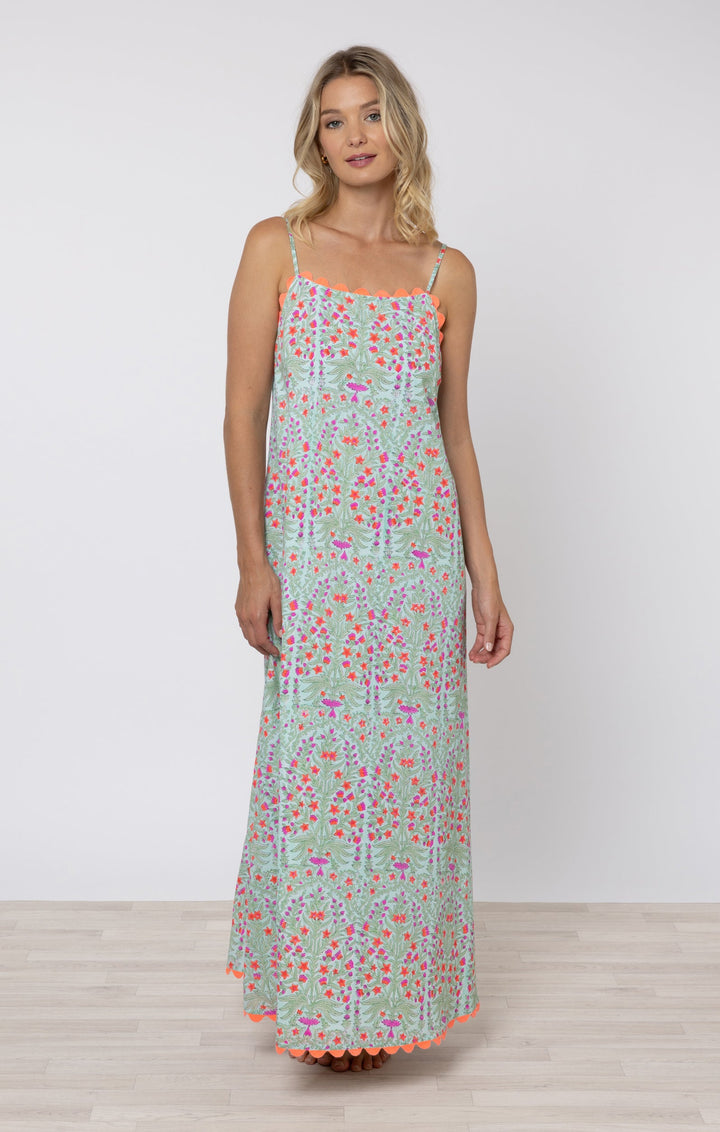 Juliet Dunn Dress Aqua & Neon Red Square Neck Maxi Dress