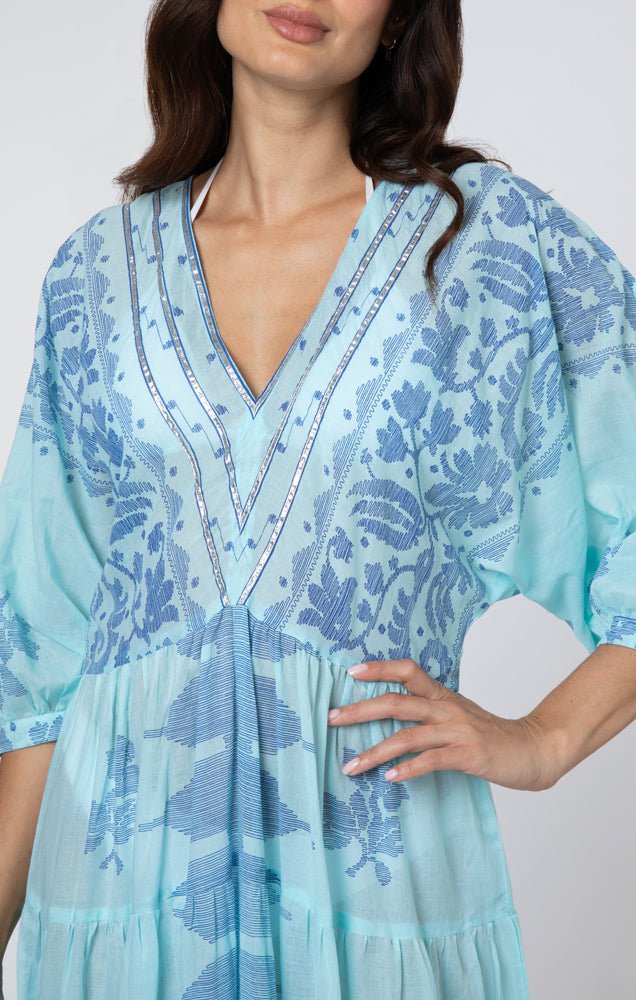 Juliet Dunn Dress Blue / Royal Blue Maxi Dress with Dhaka Print and Trim