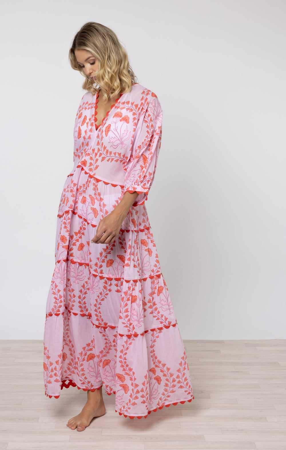 Juliet Dunn Dress Pale Pink & Red Loose Maxi Dress