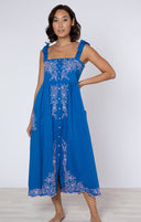 Juliet Dunn Dress Royal Blue / Candy Tie Shoulder Dress w/ Flower Embroidery