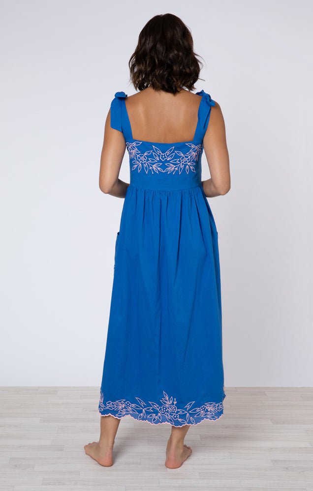 Juliet Dunn Dress Royal Blue / Candy Tie Shoulder Dress w/ Flower Embroidery