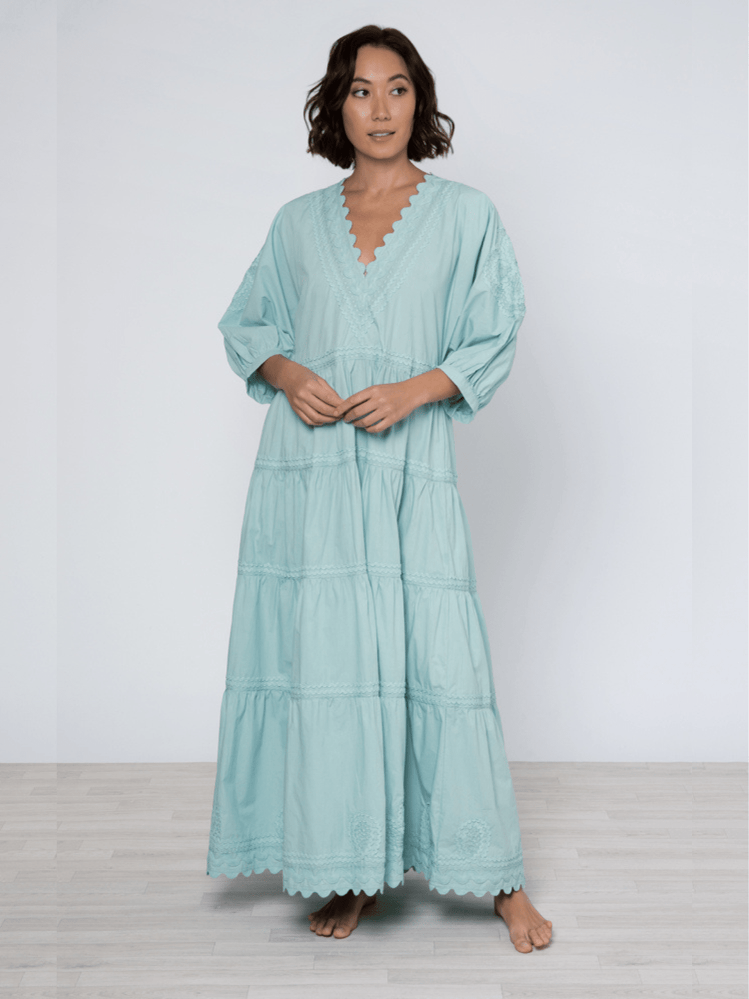 Sage Poplin Maxi Dress w Ric Rac Embroidery Beau Ro