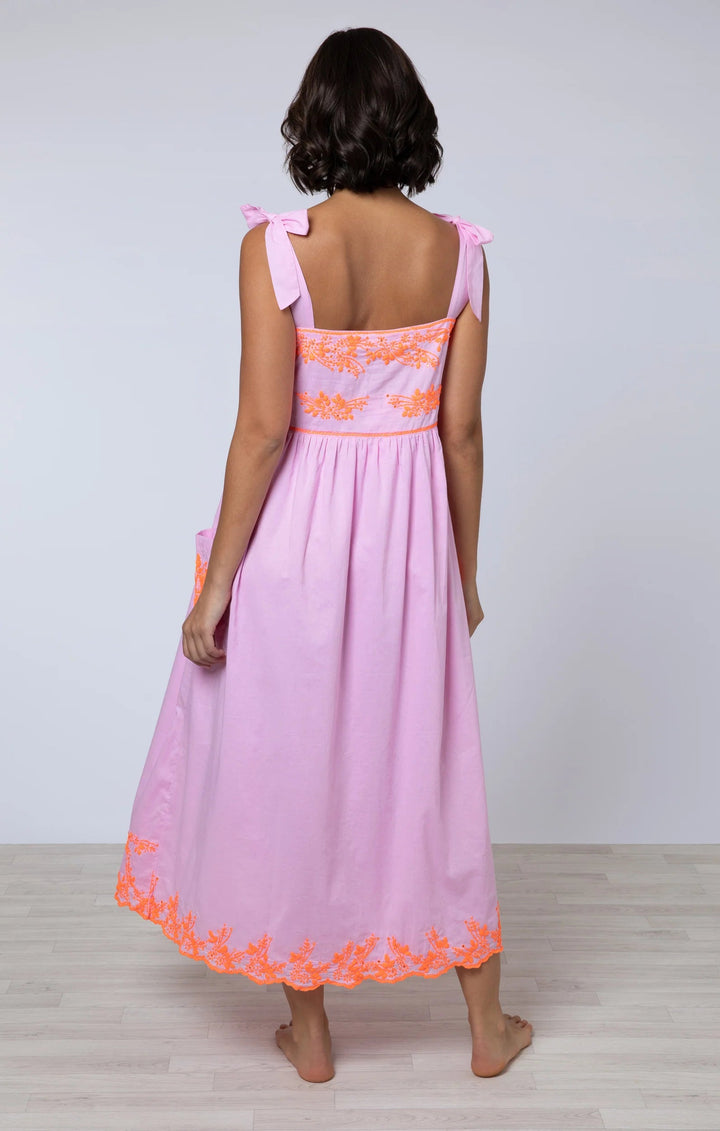 Juliet Dunn Dress Sugar Pink / Neon Orange Tie Shoulder w/ Flower Embroidery