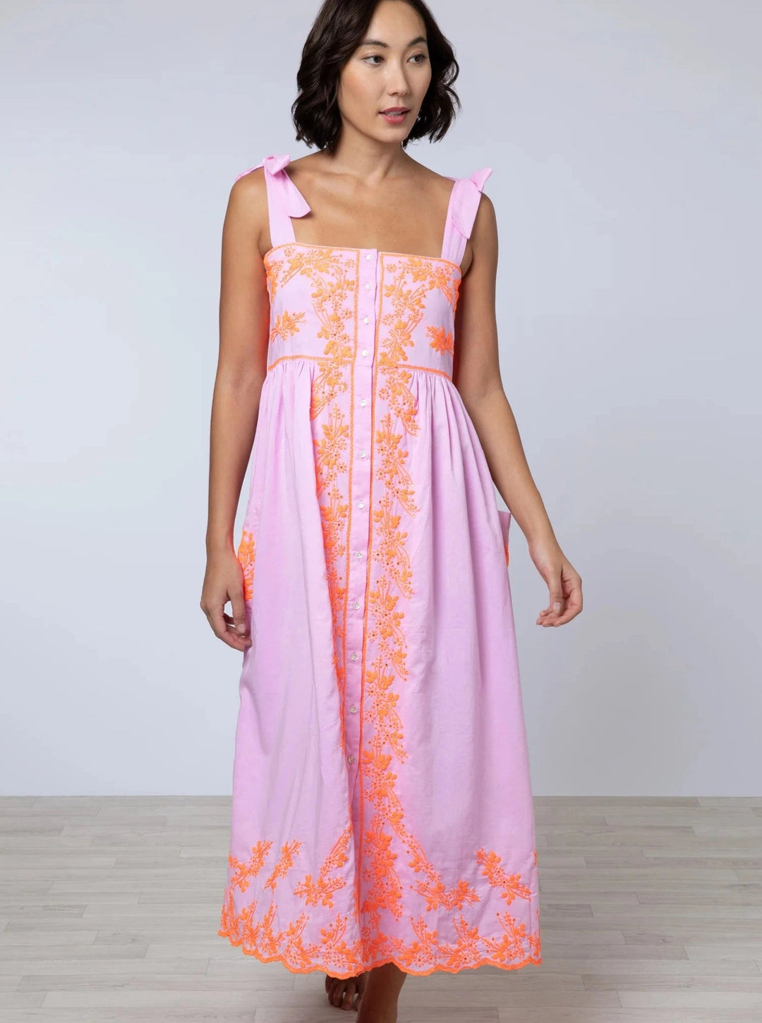 Juliet Dunn Dress Sugar Pink / Neon Orange Tie Shoulder w/ Flower Embroidery
