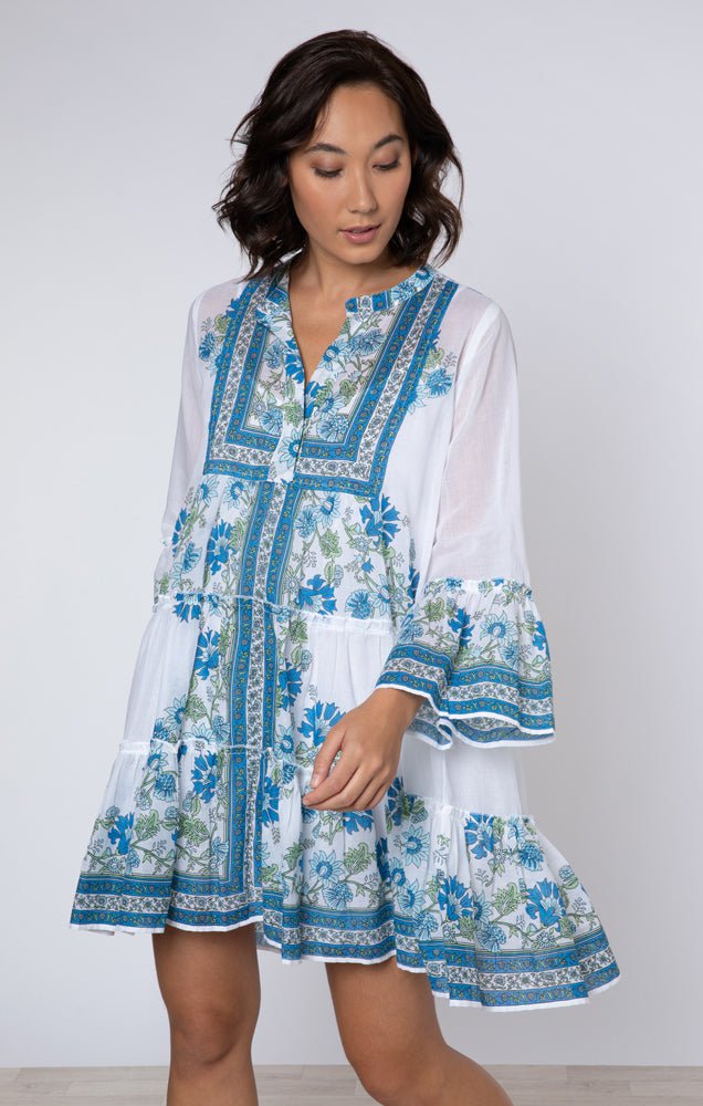 White / Blue / Aqua Flared Sleeve Dress w/ Rose Border Print Size 2 / Blue White / Blue / Aqua Flared Sleeve Dress w/ Rose Border Print Size 2 / Blue
