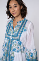Juliet Dunn Dress White / Blue / Aqua Flared Sleeve Dress w/ Rose Border Print