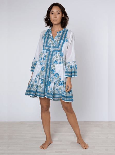 White / Blue / Aqua Flared Sleeve Dress w/ Rose Border Print Size 2 / Blue White / Blue / Aqua Flared Sleeve Dress w/ Rose Border Print Size 2 / Blue