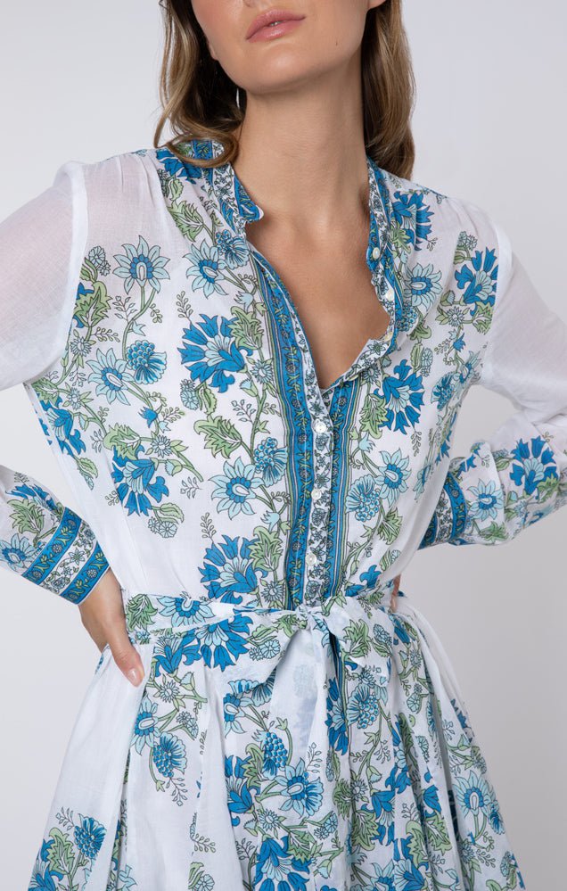 Juliet Dunn Dress White / Blue / Aqua Long Sleeve Godet w/ Rose Border Print