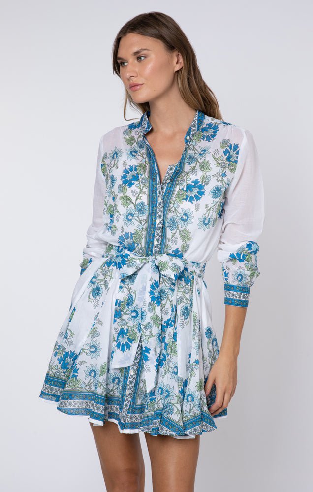 Juliet Dunn Dress White / Blue / Aqua Long Sleeve Godet w/ Rose Border Print