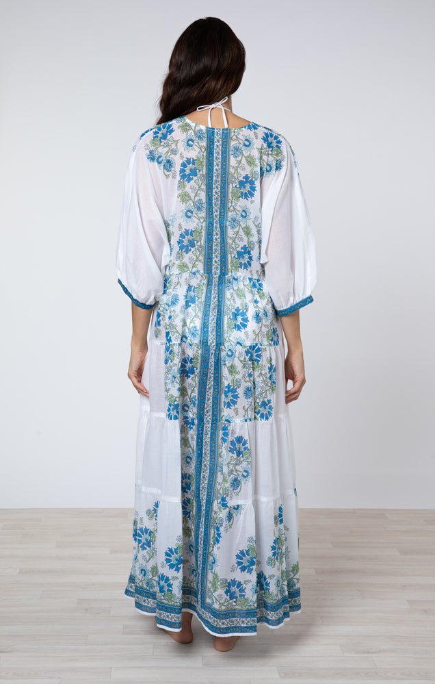 Juliet Dunn Dress White / Blue / Aqua Maxi Dress w/ Rose Border Print