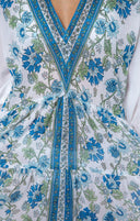 Juliet Dunn Dress White / Blue / Aqua Maxi Dress w/ Rose Border Print