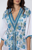 Juliet Dunn Dress White / Blue / Aqua Maxi Dress w/ Rose Border Print