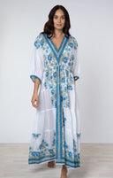 Juliet Dunn Dress White / Blue / Aqua Maxi Dress w/ Rose Border Print