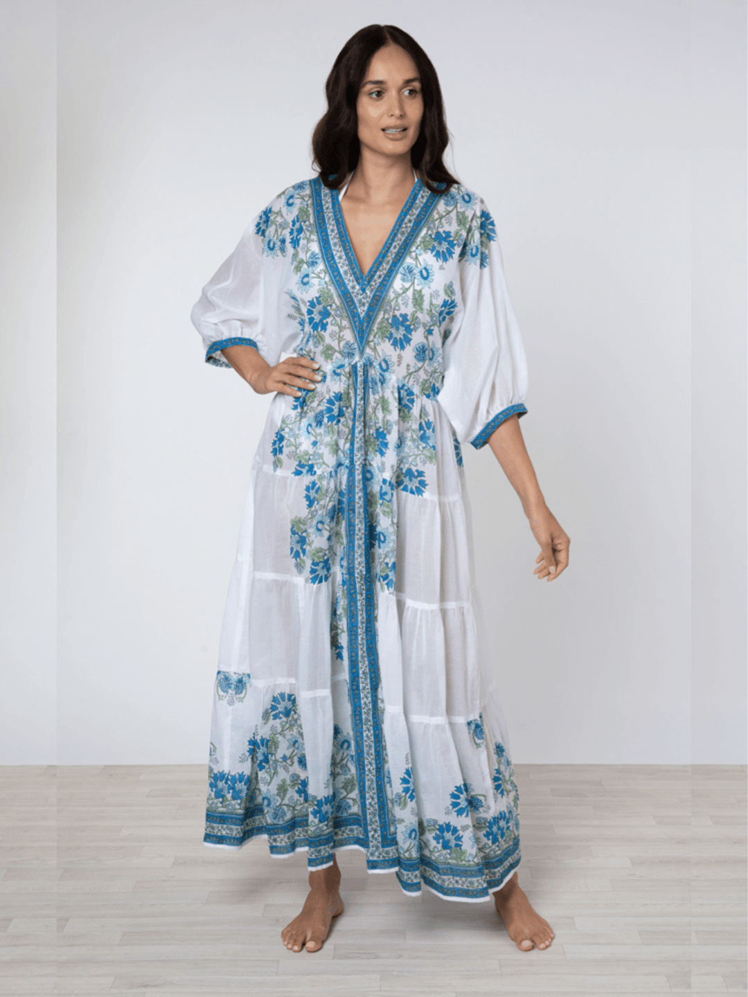 Juliet Dunn Dress White / Blue / Aqua Maxi Dress w/ Rose Border Print