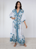 Juliet Dunn Dress White / Blue / Aqua Maxi Dress w/ Rose Border Print