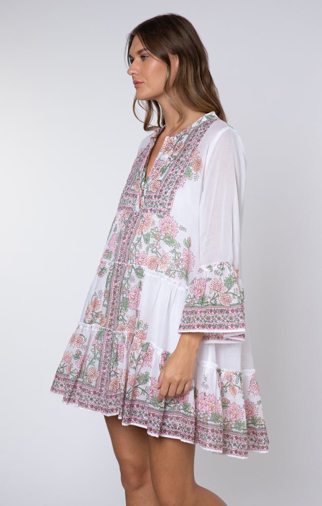 Juliet Dunn Dress White / Candy / Peach Flared Sleeve Dress w/ Rose Border Print