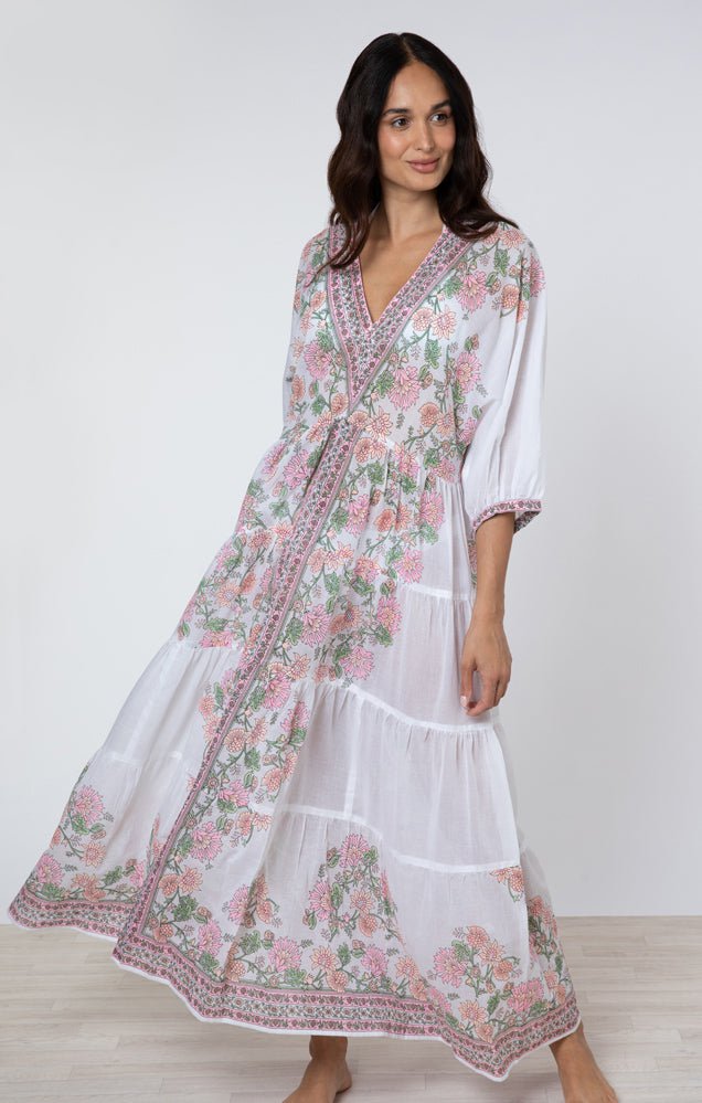 Juliet Dunn Dress White / Candy / Peach Maxi Dress w/ Rose Border Print