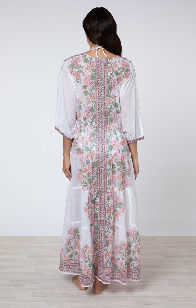 Juliet Dunn Dress White / Candy / Peach Maxi Dress w/ Rose Border Print