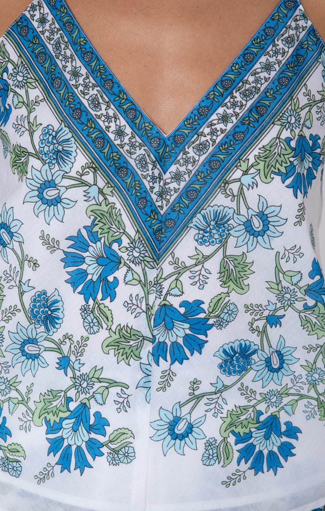 Juliet Dunn Top White / Blue / Aqua Cotton Top w/ Rose Border Print