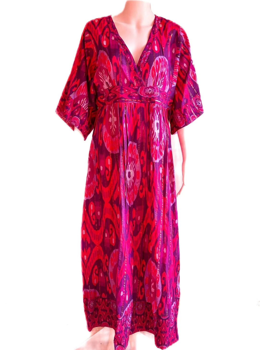 La Plage Dress Vintage Kaftan Maxi Dress in Island Ikat in Cranberry