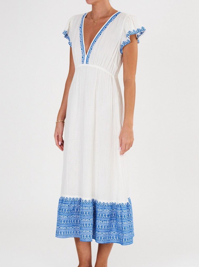M.A.B.E Dress Cella Embroidered Dress in White / Blue