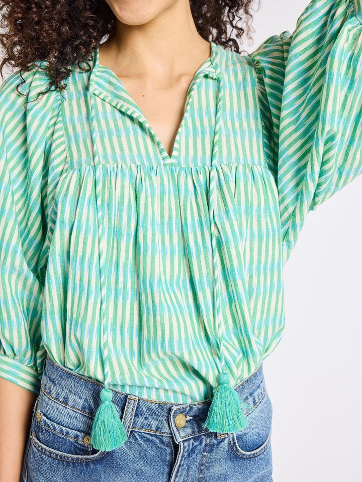 Thalia Top in Green & Blue Ikat
