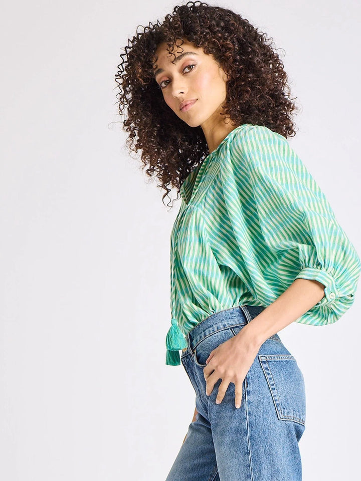 Thalia Top in Green & Blue Ikat