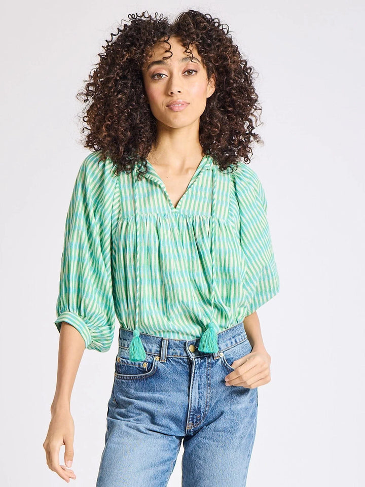 Thalia Top in Green & Blue Ikat