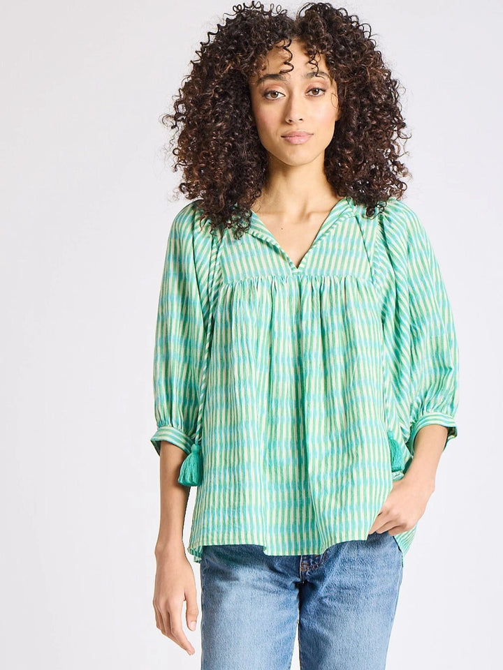 Thalia Top in Green & Blue Ikat