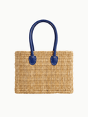 Mogadoro Tote Blue Leather Handle Structured Rattan Tote