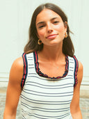 Navy & Red Ruffled Striped Top