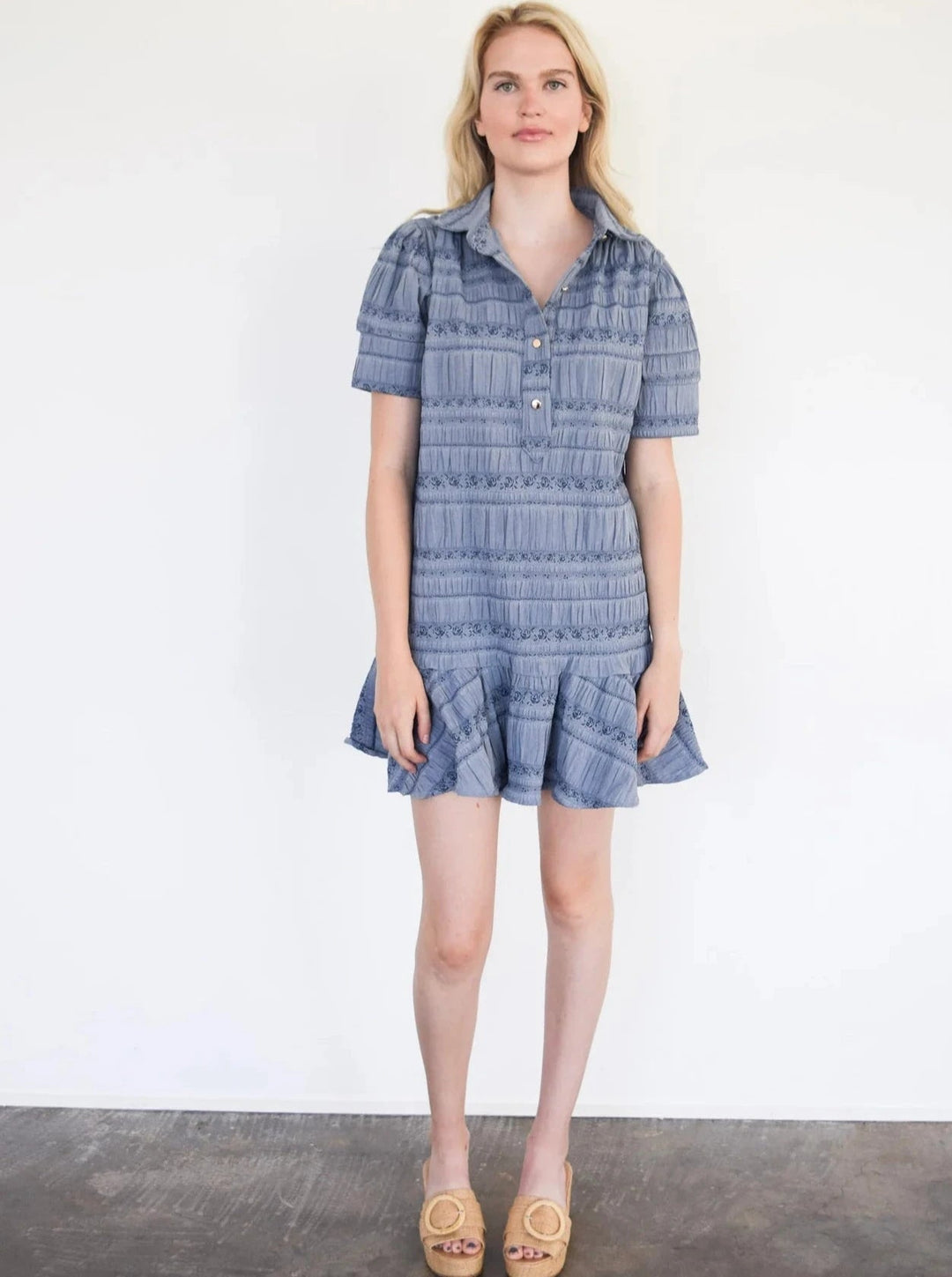 Never A Wallflower Dress Everything Short Sleeve Dress with Ruffle in Blue Floral Jacquard