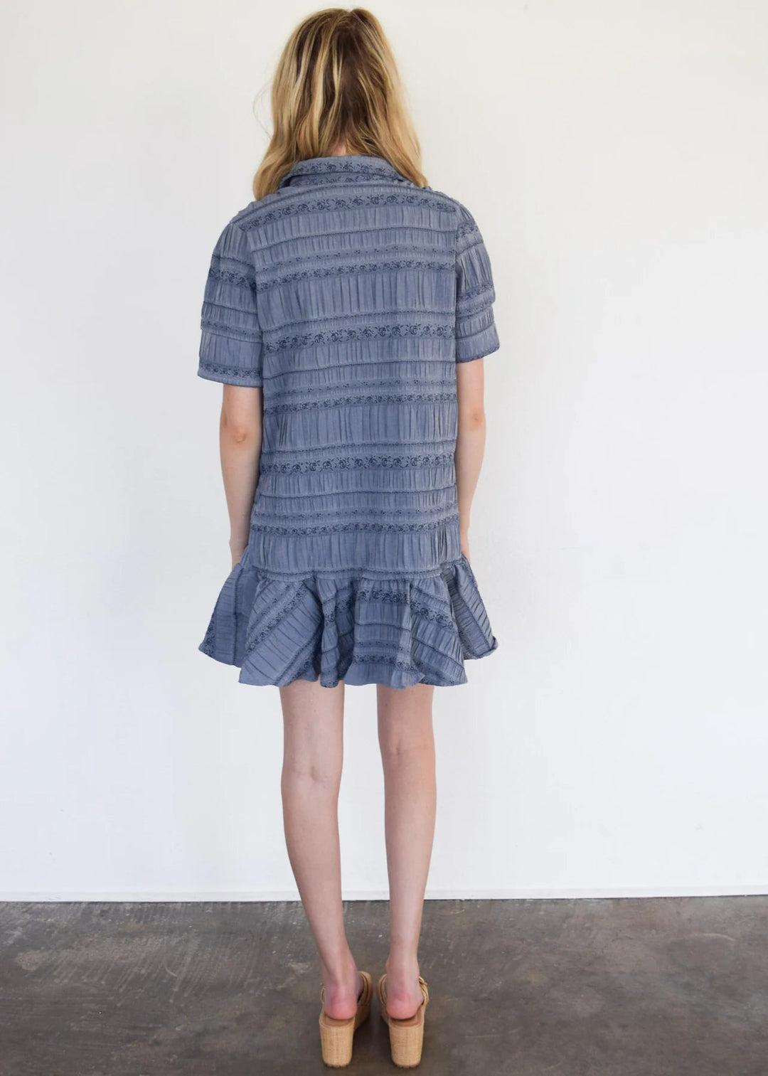 Never A Wallflower Dress Everything Short Sleeve Dress with Ruffle in Blue Floral Jacquard