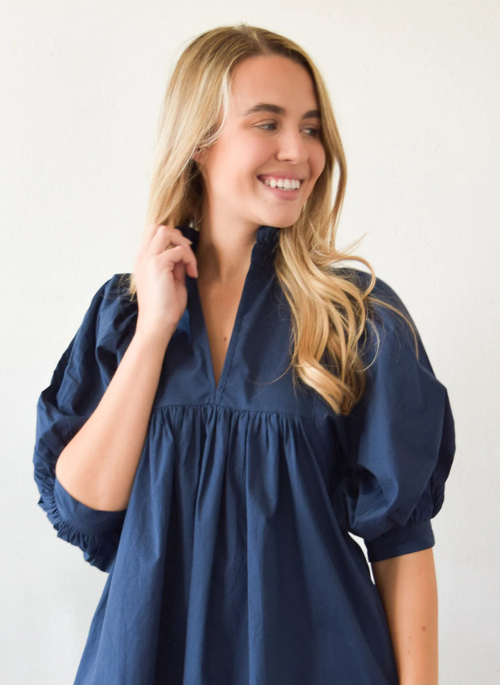 Never A Wallflower Dress High Midi Neck Dress in Navy