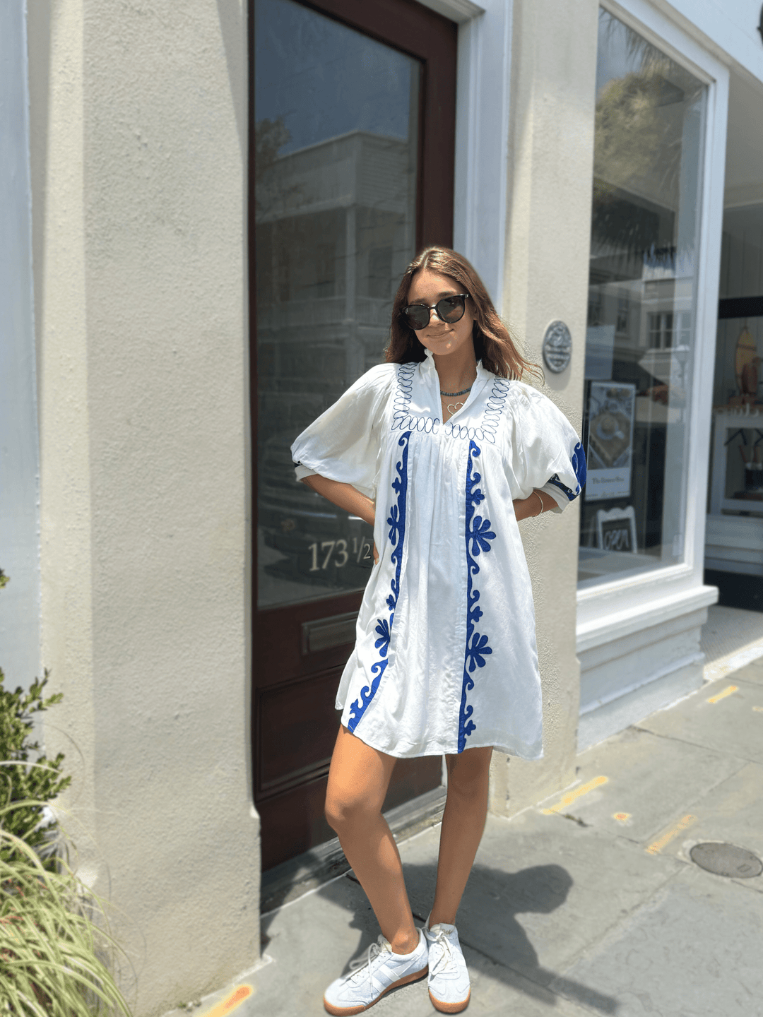 Never A Wallflower Dress High Neck Dress in White & Navy Embroidery