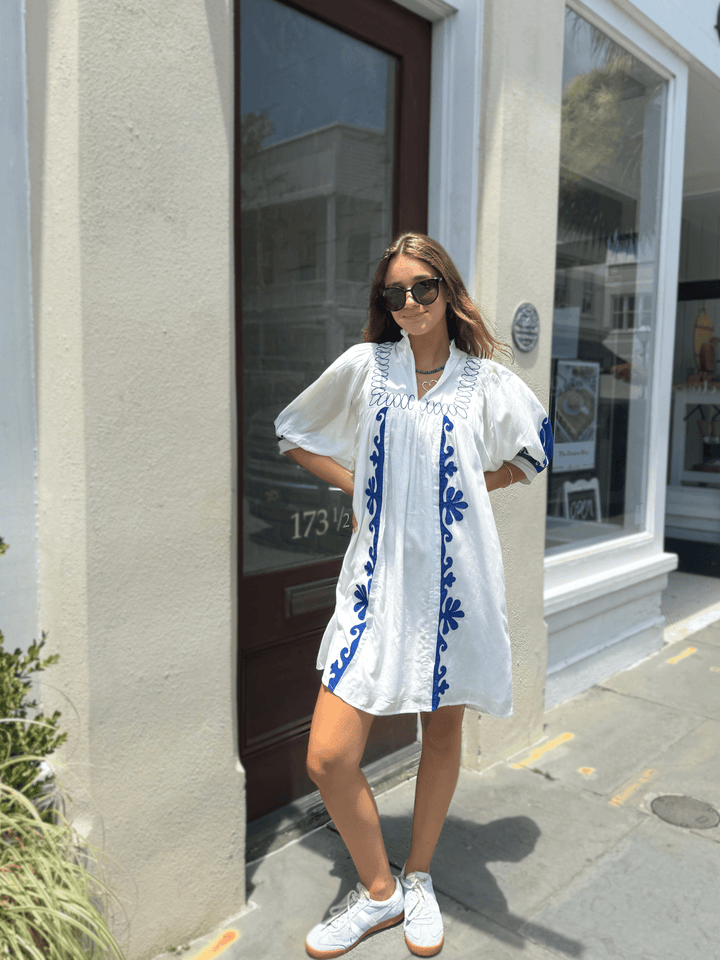 Never A Wallflower Dress High Neck Dress in White & Navy Embroidery