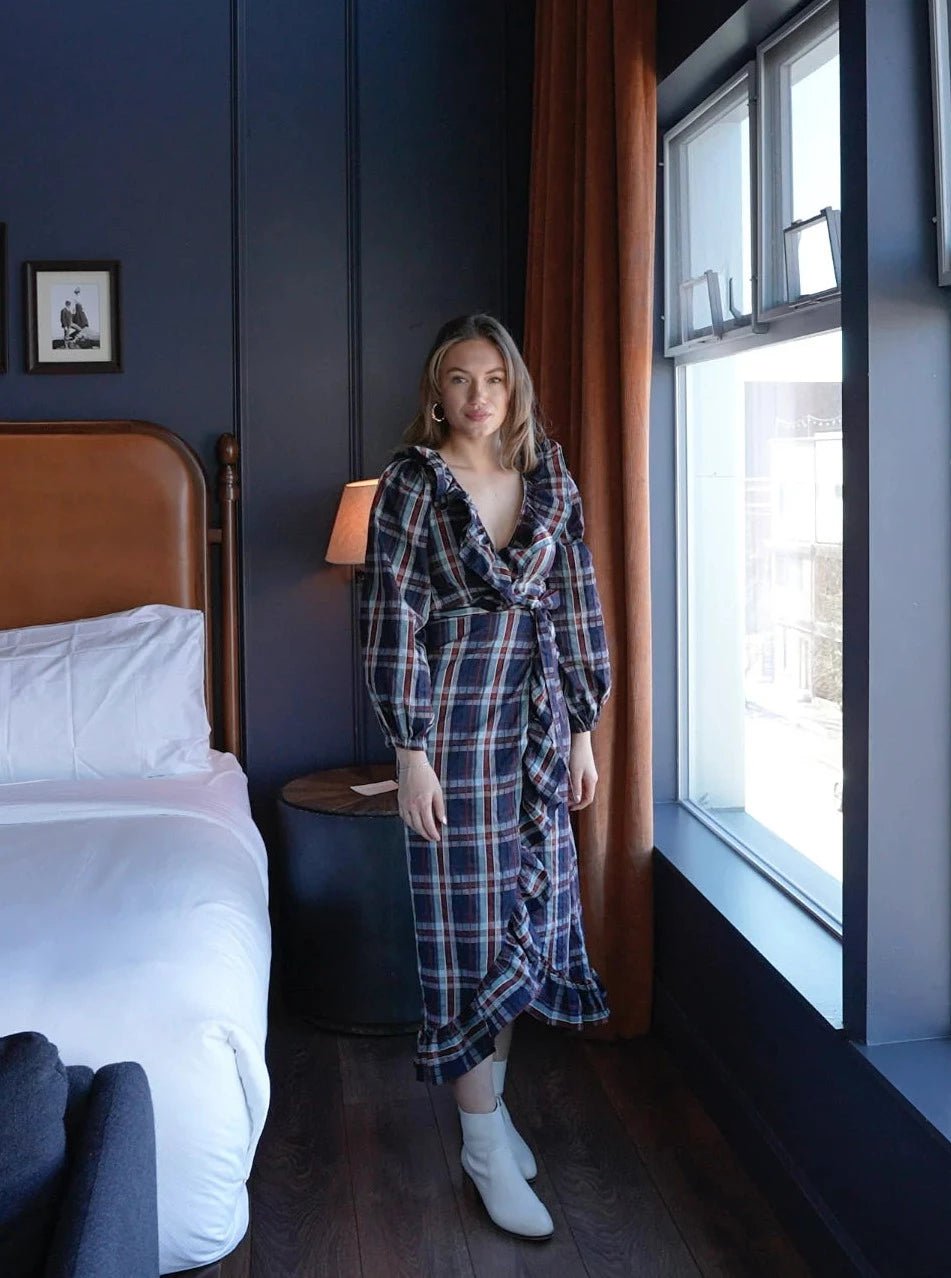 Never A Wallflower Dress Never A Wallflower | Long Wrap Dress in Navy Plaid