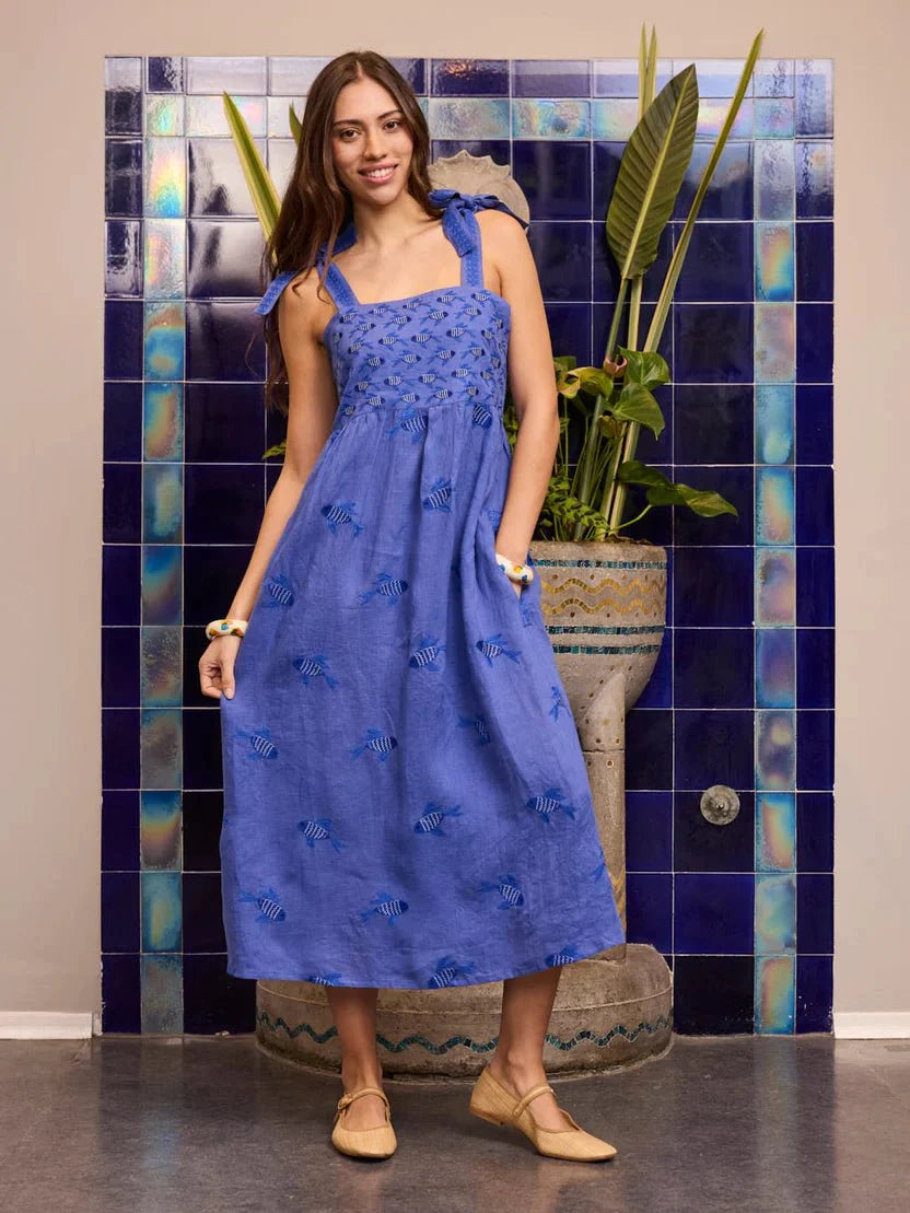 Nimo with Love Dress Agate Dress in Blue with Fish Embroidery